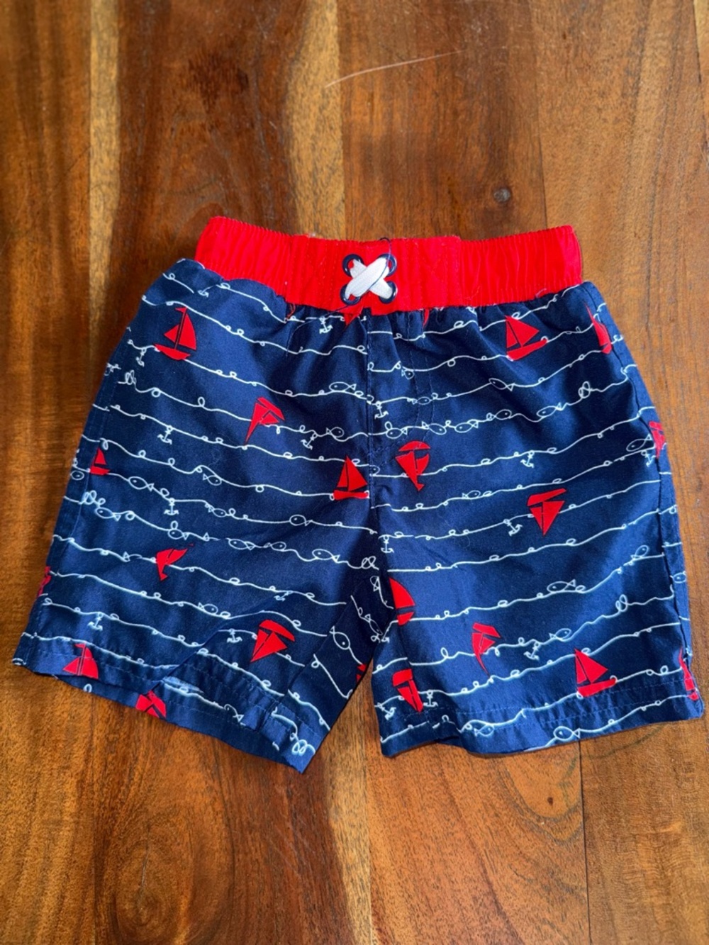 Kids Navy & Red Sailboat Swim‎ Trunks